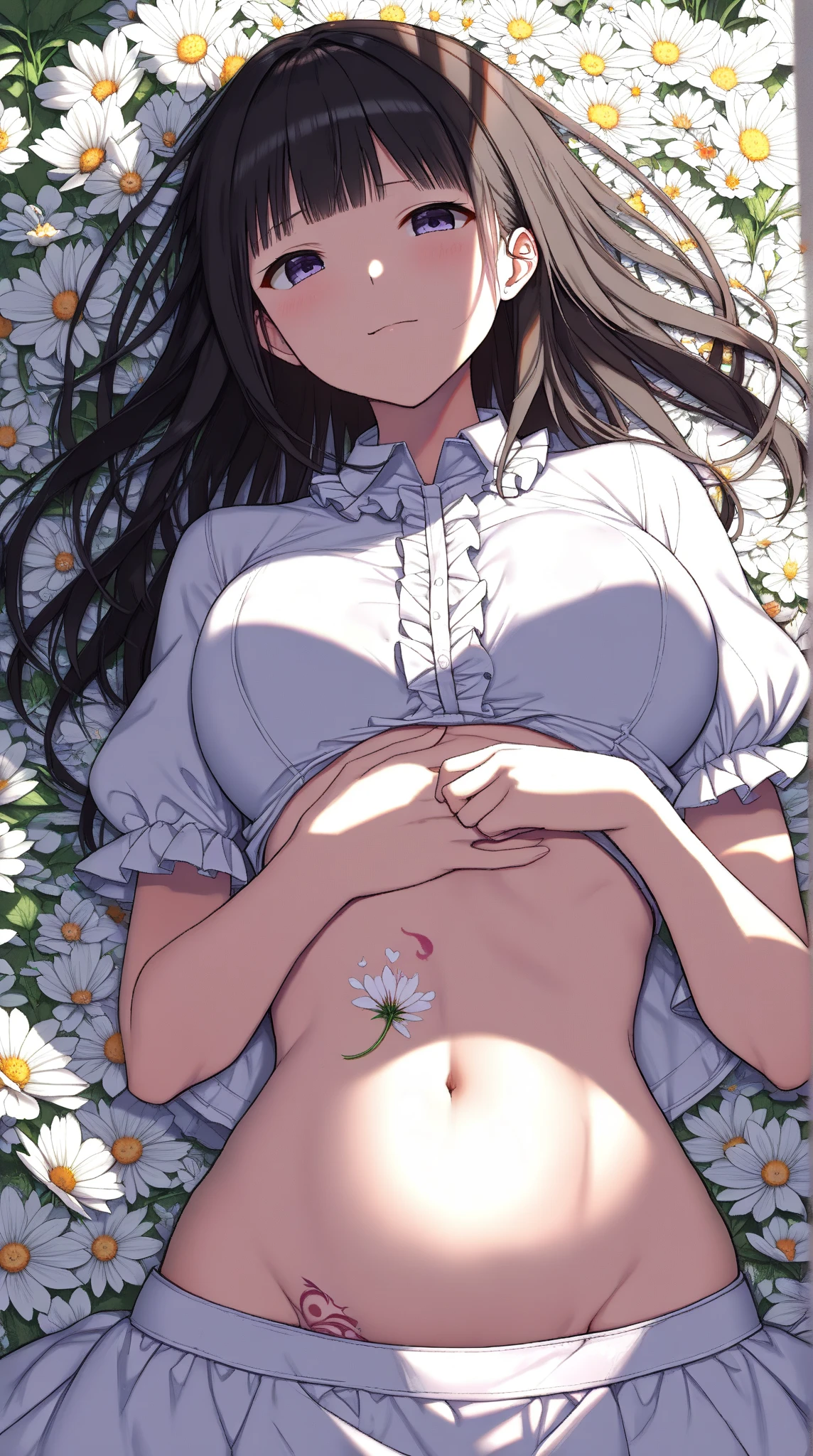 nsfw,suzune horikita, (Red eyes:1.3),Grassland,cowboy shot,(sleep),((overhead shot)),Medium chest,Arms above head,Hair Ribbon,Upper body naked,White panties,((sweaty,Pussy line,wet))
