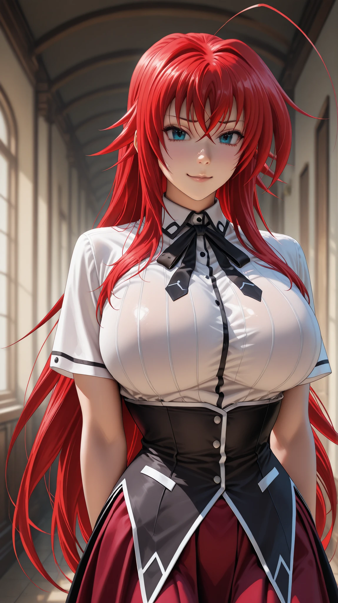 "A cinematic half-body portrait of Rias Gremory from High School DxD, realistic live action style. She has long, flowing crimson red hair, striking blue eyes, and a graceful, confident expression. She has big brutal bigger breast, She has big brutal bigger busty, She's wearing her iconic school uniform: a white blouse with a black corset, a short red skirt barely visible, and a black ribbon tied around her neck. Background is a softly blurred gothic school hallway with warm ambient lighting. Her hair gently sways with a subtle breeze. Ultra-realistic textures, natural skin tones, highly detailed costume, high-definition, 8K resolution, hyper-realistic, cinematic lighting, full-body from head to hips, sharp focus, dynamic composition