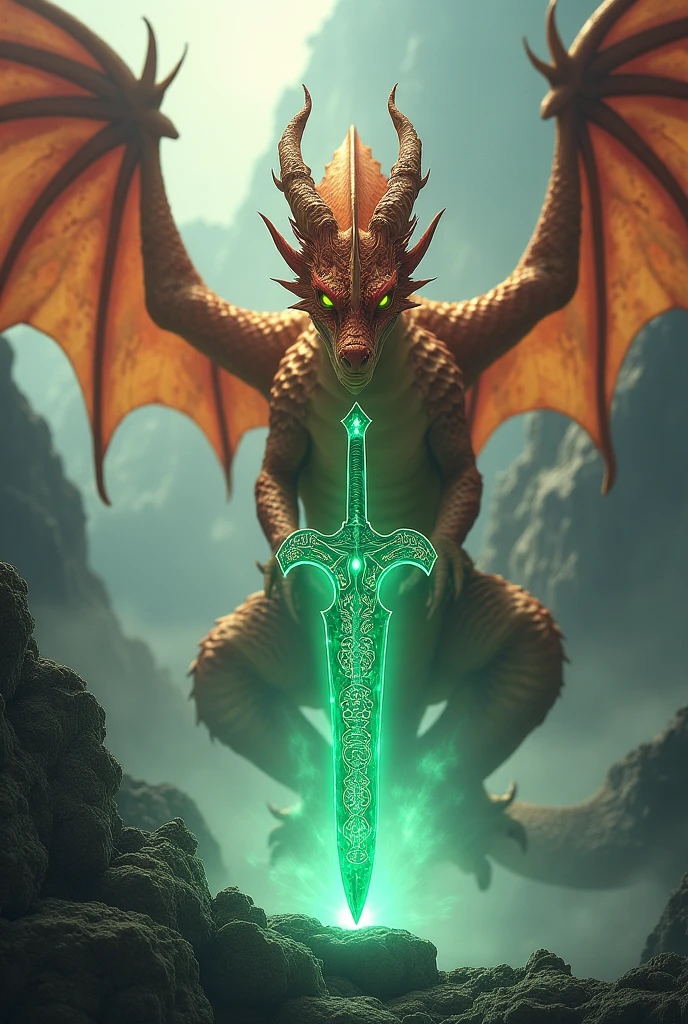 A dragon glazing at an emerald jade sword