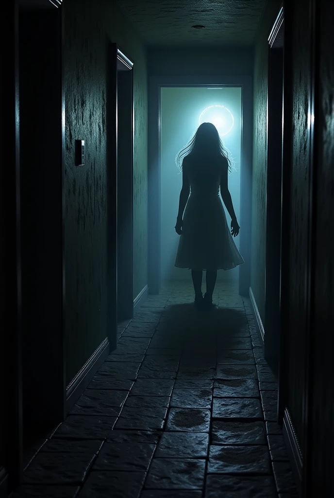 Ghostly woman dressed in white with a scary appearance at the end of the lonely and dark street there is a lamp that constantly turns on and off 