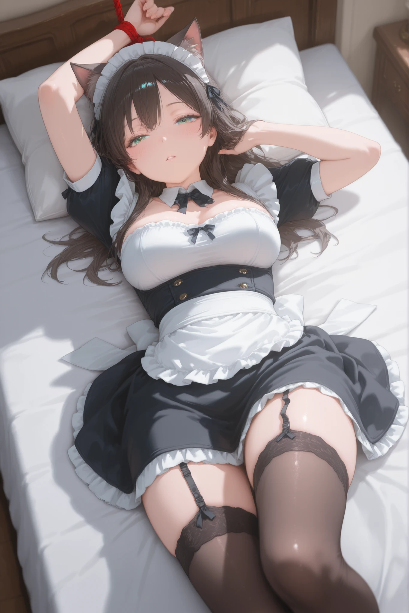 a woman in maid dress on bed in panties with large round nipples, 1girl, maid, underwear, breasts, thighhighs, panties, maid headdress, pubic hair, female pubic hair, bra