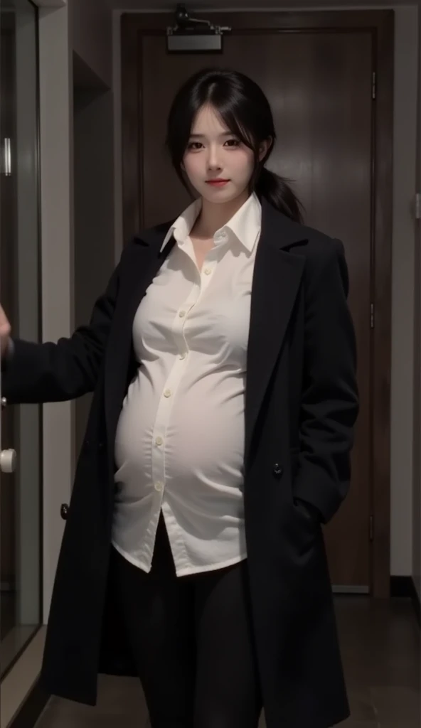 potrait of pregnant women, 23 years old, beautiful face, long hair, use office outfit, horny and masturbate in the bed