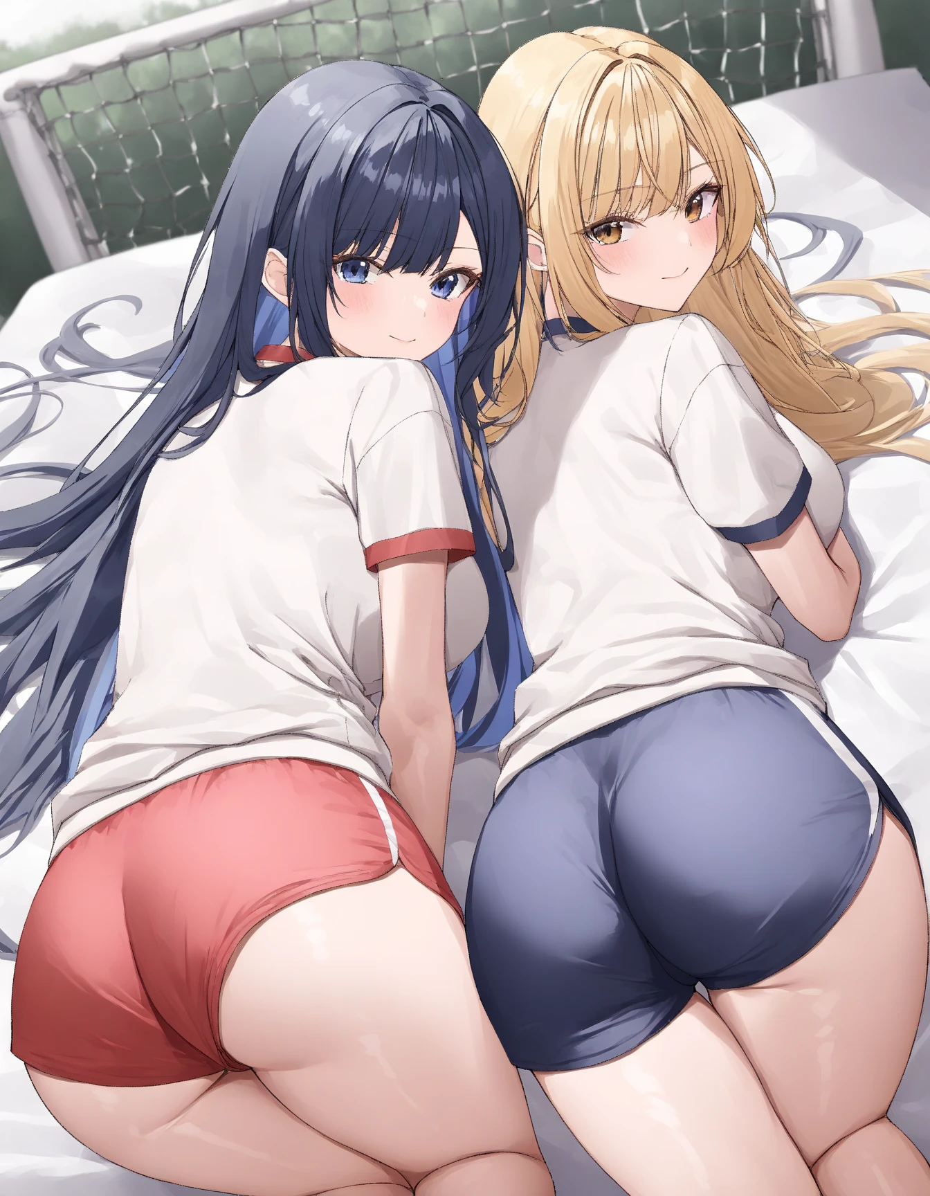 2girls, nishikigi chisato, inoue takina, lycoris recoil, from behind, symmetry, couple, perfect anatomy, on all fours, crawling, big ass, huge breasts, large breasts,sailor suit, dark blue collar, white shirts, short sleeve, dark blue skirt, black skirt, full back Panties, Skirts twisted by the wind, thighhighs, looking at viewer, shy, blush, bed, masterpiece, best quality, very aesthetic, absurdres, official art, nsfw,
