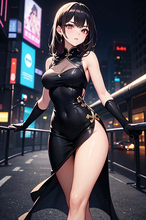 professional artwork, Intricate Details, field of view, sharp focus, detailed painting, photorealistic lighting, trending on pixiv, Standing at attention, black outfit ,yellow collared shirt,black and red bodysuit,skin_tight,black legwear, black pantyhose, Side_boob, black hair,very long hair, Bangs,yellow eyes,makeup, lipstick, 20yo,mature female,Beautiful Finger,Beautiful long legs,Beautiful body,Beautiful Nose,Beautiful character design, perfect eyes, perfect face, looking at viewer, NSFW,official art,extremely detailed CG unity 8k wallpaper, perfect lighting,Colorful, Bright_Front_face_Lighting, (masterpiece:1.0),(best_quality:1.0), ultra high res,4K,ultra-detailed, photography, 8K, HDR, highres, absurdres:1.2, Kodak portra 400, film grain, blurry background, bokeh:1.2, lens flare, (vibrant_color:1.2) (Beautiful,large_Breasts:1.4), (beautiful_face:1.5),(narrow_waist), (solo:1.4), ((landscape dimension))