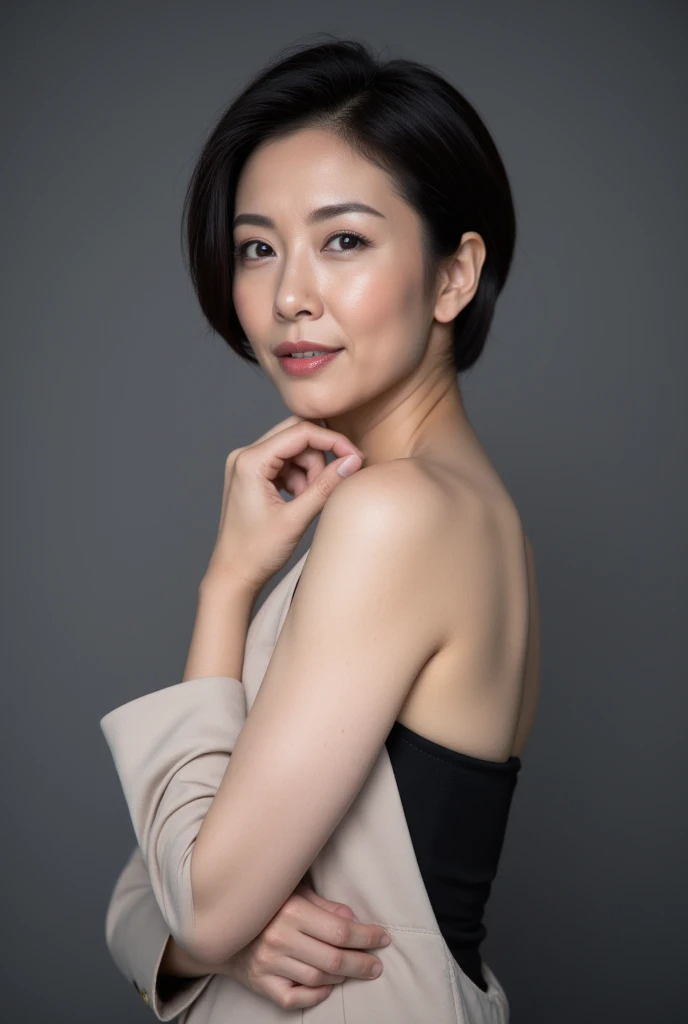 (((Highest quality)), ((8k)), ((masterpiece: 1.3)), (Photorealism: 1.6), (JMA), (Who), (Portrait of a Japanese mature woman), (Pitch black background: 1.2), (65-year-old woman), (Cat face), (Perfect looks), ((Realistic skin texture)), (Fine wrinkles all over the skin), (Dullness), (Facial wrinkles), (Wrinkles around the eyes), double eyelid, Tear bags under the eyelids, (corner of the eye), Thin eyebrows, (Grimacing and laughing), Short bangs, short hair, (Colorful V-neck sexy dress: 1.2), (Close-up of face),
