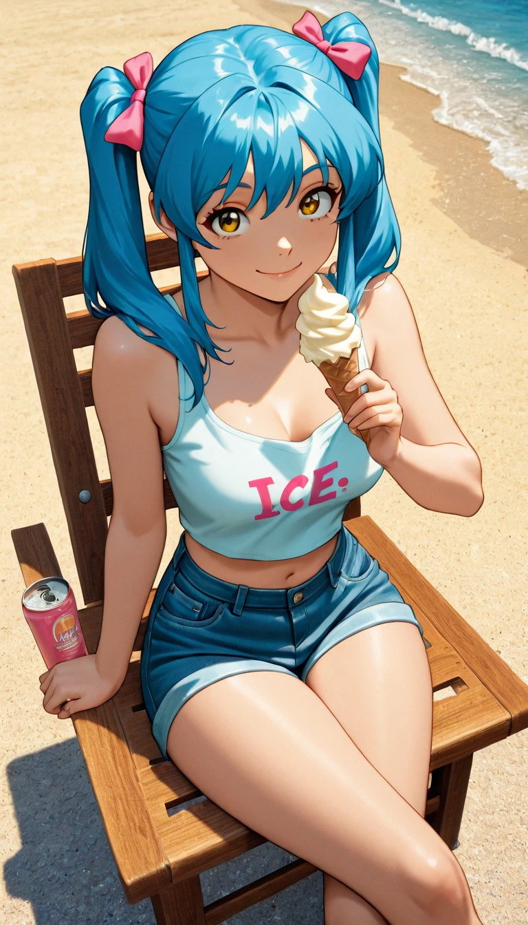 (masterpiece), best quality, expressive eyes, perfect face, One-piece swimsuit, Looking at viewer, Pull, Rainbow Ponytail hair, Vibrant, A Tall Woman, Beach, Thigh Highs