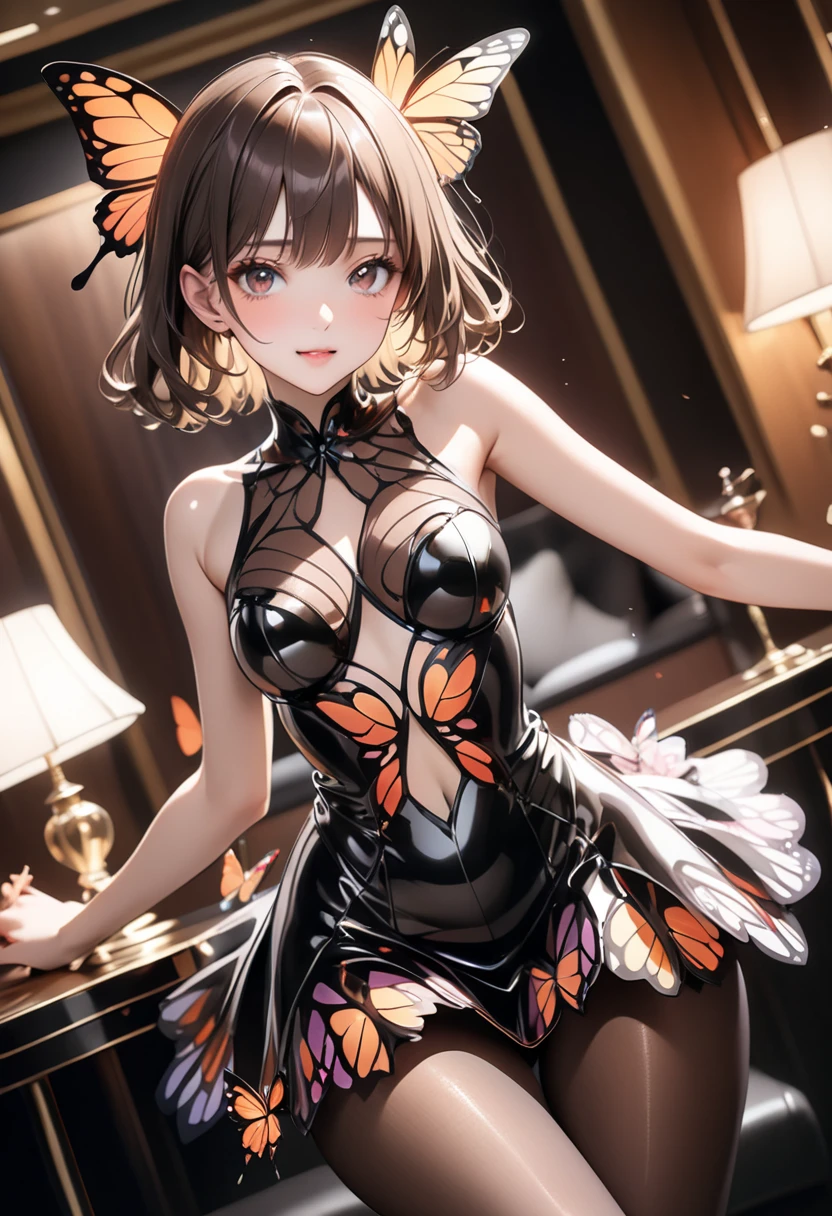 idol, masterpiece, best quality, beautiful face, absurdres, HDR, (cowboy shot, white frill lace mini dress, white collar, white frill cuff, particles:1.5), dynamic pose, (bloom, glow:1.4), (smile:1.2), (yellow colored inner hair:1.6), sharp focus, photorealistic, highres, (green eyes:1.3), highest detailed, ultra detailed, detailed face and eyes, sharp pupils, realistic pupils, sharp focus, shiny skin, (dark brown short hair, black corset:1.5), (dark studio, dark background:1.5), rim lighting, dynamic and cinematic lighting
