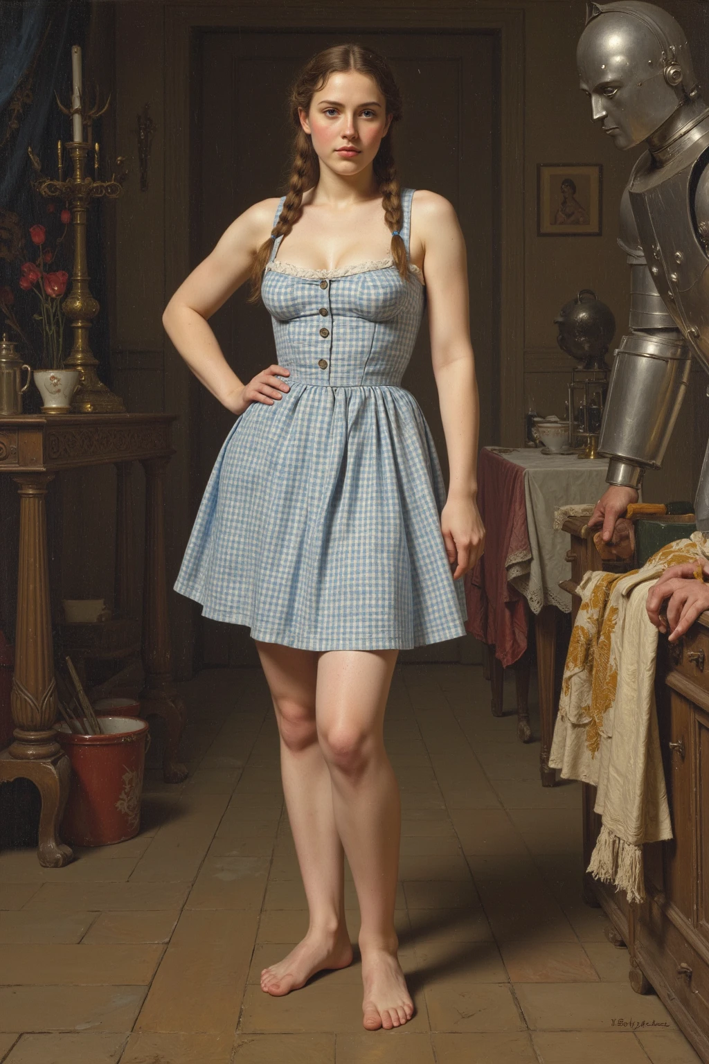 Full body shot of a beautiful redhead female with a curvy body and large breasts. Louise Robey from Friday the 13th:The Series. Standing in Curious Goods antique shop vault beside a cursed antique Drowned Sailor jack-in-the-box