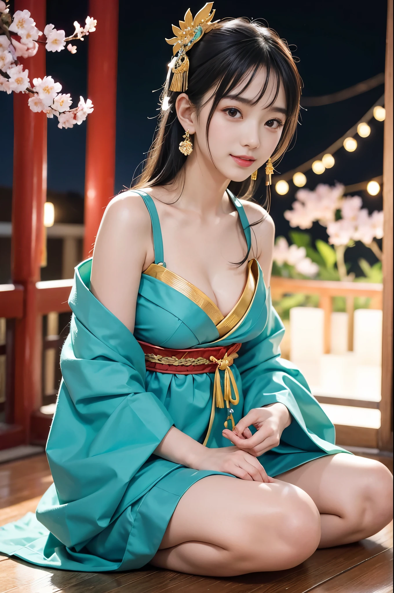 She is a kimono model、Gorgeous floral patterned kimono、Silver hair braids、blue eyes、Green kimono、Off the shoulder、Look forward、Cleavage、Cowboy Shot、masterpiece , Highest quality,smile,smile,Small face,Exposed shoulders,Golden kimono,Cleavageの露出が少ない,Light brown hair,Beautiful curly hair,Slim figure,Brown eyes,Faithfully reproduced contrast,short hair,Beautiful short hair,Berry Short,Shortcuts,alone,Precision quality,Faithfully recreated eyes, The surroundings are shining gold,Golden aura around the body,Golden glitter background,masterpiece,night,nightの背景,Golden Background,Cherry blossom background,Beautiful details, colorful, Subtle details, Delicate lips, Intricate details, Genuine, ultrarGenuineista, 枝に座っている色とりどりの髪のFoxを持つ女の子:mature, Bright Eyes, ,色とりどりのFox, Raposa the Nine Tails, 三尾Fox, 三尾Fox, Detailed Art of Onmyoji, Beautiful fine art illustrations, Mythical creatures, Fox, Beautiful digital art,Shrine maiden,Hand in hand,Exquisite digital illustrations, mizutsune, Inspired by mythical wild spider web creatures, Digital art pixiv, Dazzling Light, High Contrast, mysterious,