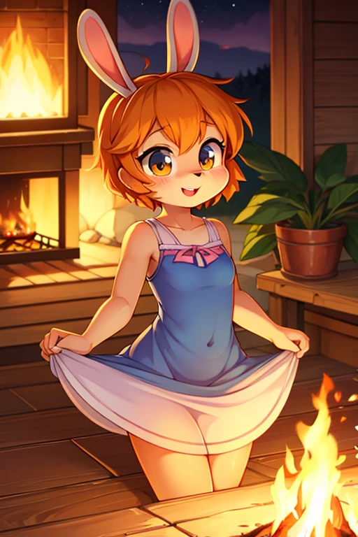 (Masterpiece), Best Quality , ultra-detailed, 1girl (Gwendolyn_Tennyson, breasts, naked body, orange hair, short hair, green eyes), a surprised face, open mouth, nose blush, blush, solo, facing viewer, looking at viewer, sundress(see-through), forest, in the mountain cabin, night time, dark lighting, standing, come-on, arms up pose, wind, strong wind,skirt lift, love juice flows out of her pussy