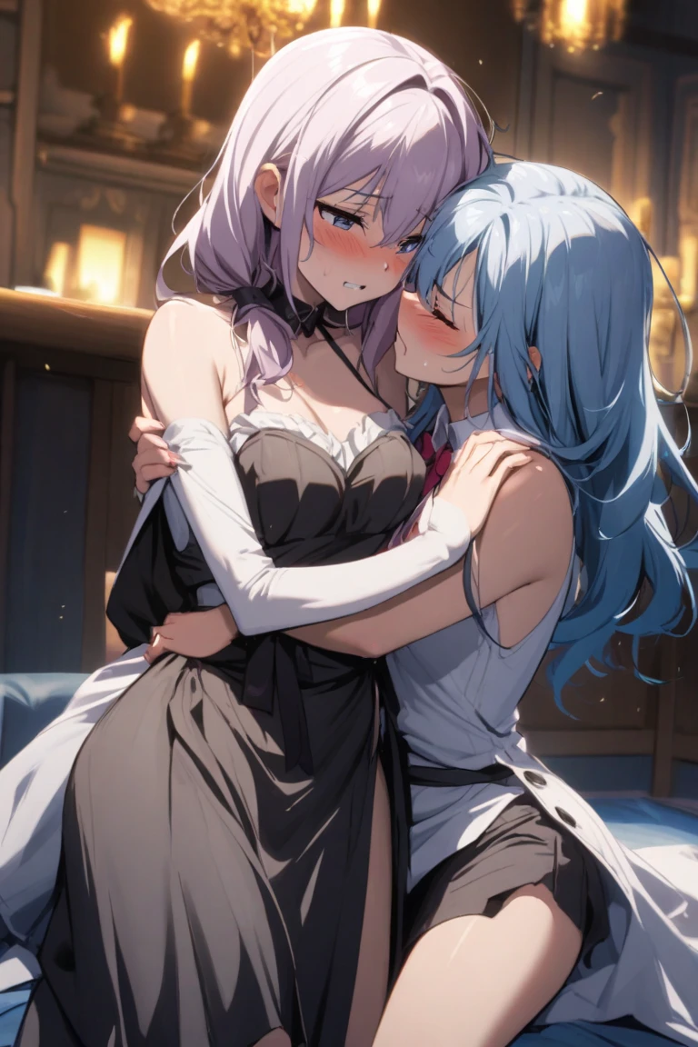 masterpiece, Best quality,, 2 girls, Lily, Elfs, (Kiss:1.4), (French kiss), Blushing, Eyes closed, (tongue), (Saliva), (groping), (Hugging from behind), (Sitting on Top of Each Other), (Hands inside clothes touching breasts), Hands on chest, Tongue sucking, sweat, Monk, Sister, Church, glasses, Aunt and girl, White Tank Top, No Panties,