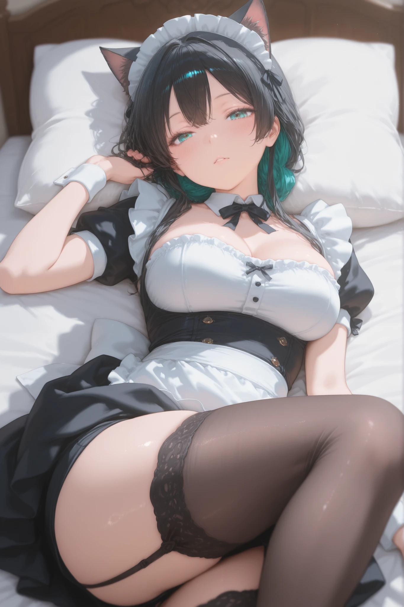 solo, 1girl, looking at viewer, 2D, anime, anime coloring, full body, (solid white background:1.3), miyuki shiba, maid bikini, porn, kiss, looking at viewer, straddle me, smile,bed room,sleep position, kiss me
