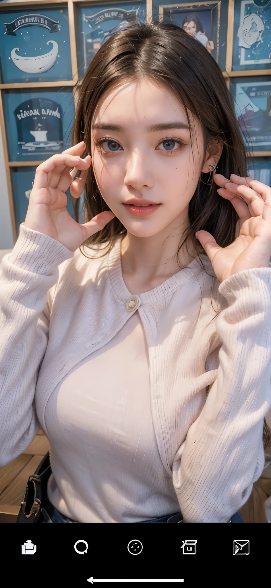 masterpiece, Highest quality, 4K, Ultra-high resolution, mishoujo, Painting, Beautiful eyes and a beautiful face, shape, Beautiful details, high resolution shape, Shine_white_particle, One Girl, Brown Hair, Grey Eyes, 、Large Breasts、belly button、Japanese、Japanese Idols