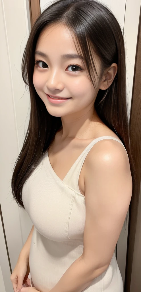 (Highly realistic photos, High resolution, Detailed face, Fine grain), ((Shooting in the room))、Japanese women, 20-year-old, A variety of expressions, alone:1, Slim figure, Round eyes、Various hairstyles, Casual clothing, 写真の中でalone、Selfie、Photographed in natural light、Simple Necklace、Spring Clothes、Looking at the camera、profile、Dark Brown Hair Color、The chest is visible、smile