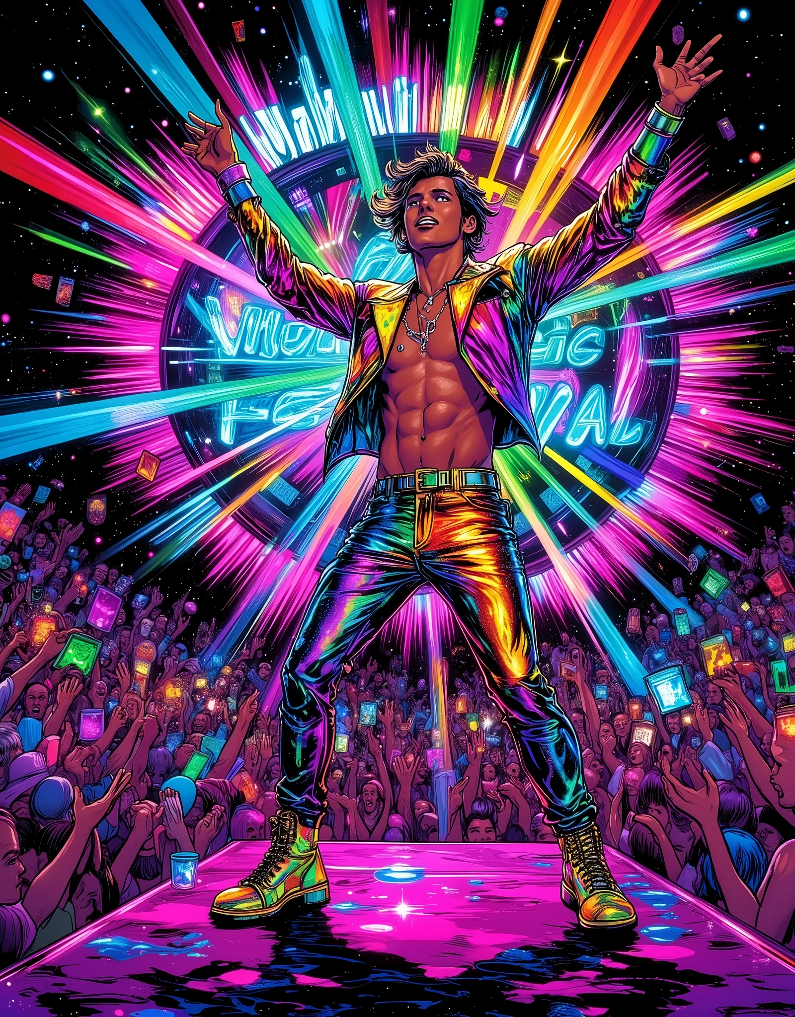 Pop music festival. A handsome soloist, a pop idol,in a rainbow Versace suit with sequins, glitter,raver trousers, dancing and singing, smiling, enthusiastically performing a mega-pop hit, energetic poses, singing, a pop star, spectacular poses, stage image, dynamics of a music festival. bright laser beams, flashing spotlights, audience under the stage, enthusiastic crowd, heat, live music scene, summer music festival, world-class epic gala style,typography:stylized neon spectacular font "Pop Music Festival 2025", masterpiece, high quality, high definition, 16k, details, anatomically correct body, comic book style illustration