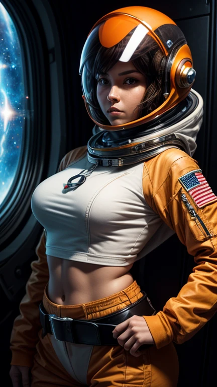 Bikini style astronaute (sein), avec un groupe de soldats derrière elle, Bel art de science-fiction, Beau sourire, En attendant un baiser, se retourner et regarder la caméra, particules de lumière épique scintillantes flottantes, guerrier de l'espace, lever de soleil sur la ville solaire punk, rock stoner, invasion de mars 2 0 3 3 - 2 0 4 2, palette des années 70, pochette d'album épique, photo de film sexy, panorama cinémascope, affiche très stylisée et des années 1940, style cosmique, Cinématique 8K, nombre d'or, chaos cosmique