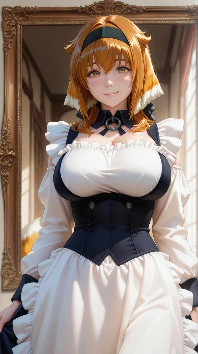 Girl with big breasts, in yellow Victorian clothing, yellow hair, amber eyes