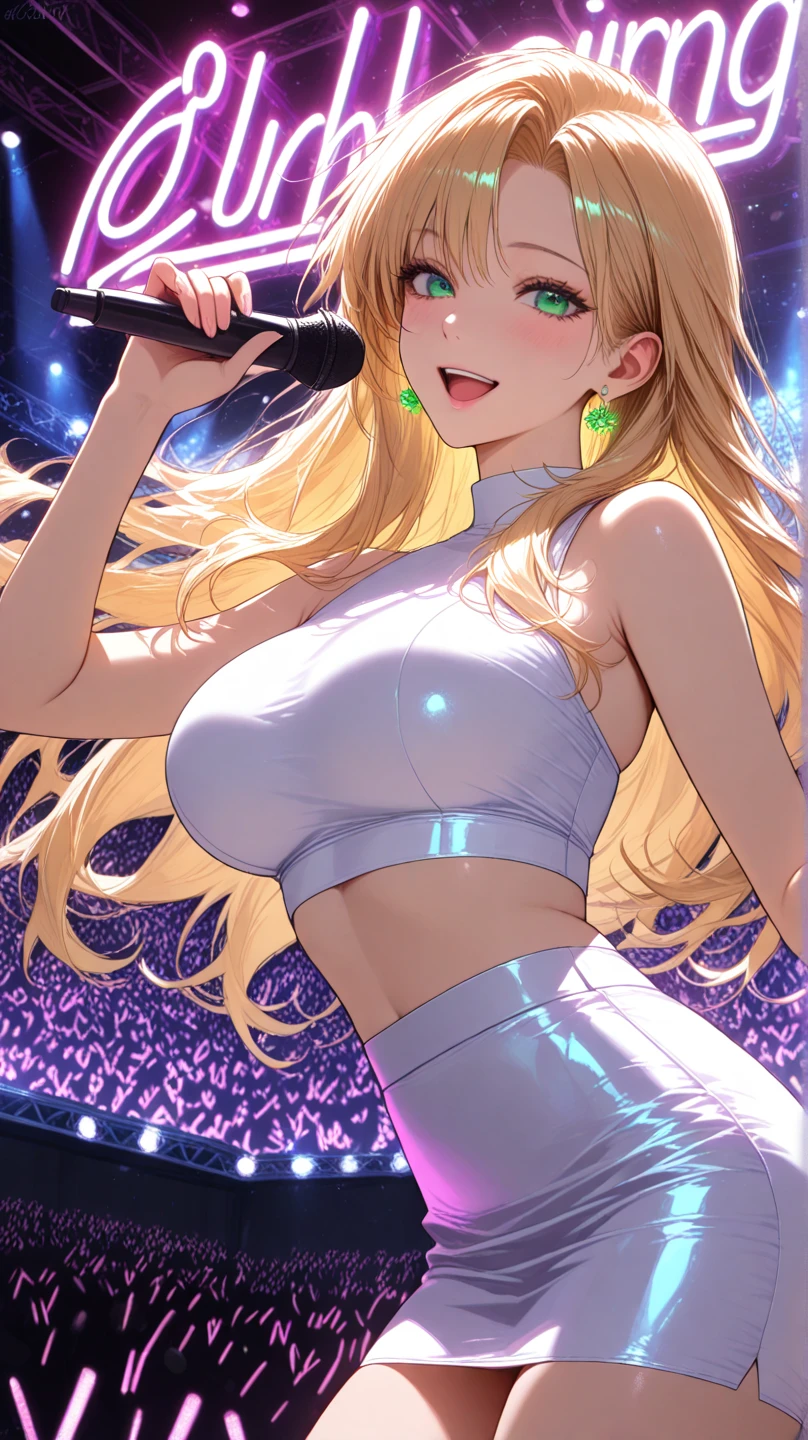 KAGAMINE RIN, long HAIR, BOW, blonde hair., large breasts,, Live Stage, solo nsfw, naked, Standing pee