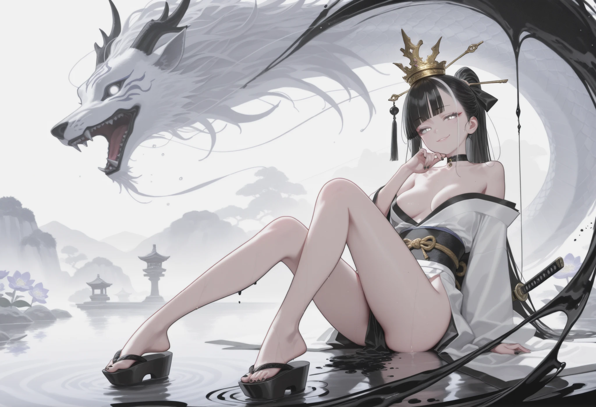 1girl, light lavender eye, jitome (0.5), Asymmetrical hair (half black hair and half white hair), blunt bangs, hime cut, ponytail, Medium Breast, queen, melting black haori, white kimono, flower pettern, Choker, black nail polish, doremi, hwansang, mx2j, masterpiece, best quality, Perfect details, perfect composition, Perfect face, Perfect hand, absurdres, newest, very aesthetic, amazing quality, highres, film grain, Focus on the character, looking at viewer, flowers, Oriental decoration, dynamic view, cute expression, void, wet, water, floating, grabbing, rotus, thin thread, Acrobatics, water string, dramatic, oriental light crown, nsfw, smug face, Gambler, Cinematic, Magnificent, front view, joyful, madness, Dominant, overbearing attitude, arrogant, Sitting on string, floating in air, conduct Gestures, floating gold glow arrow, floating gold glow katana, Gorgeous light effects, Sitting cross-legged, Hand-on chin pose, Scattered liquid black ink, black ink effect, black dust, Realistic black liquid ink effects surrounding the character, floating Black ink effect swirling around the character, ink painting, Calligraphy, long silk, brush, ukiyo-e, Black and white theme, tailor, dynamic view, Summoner, Overwhelming presence