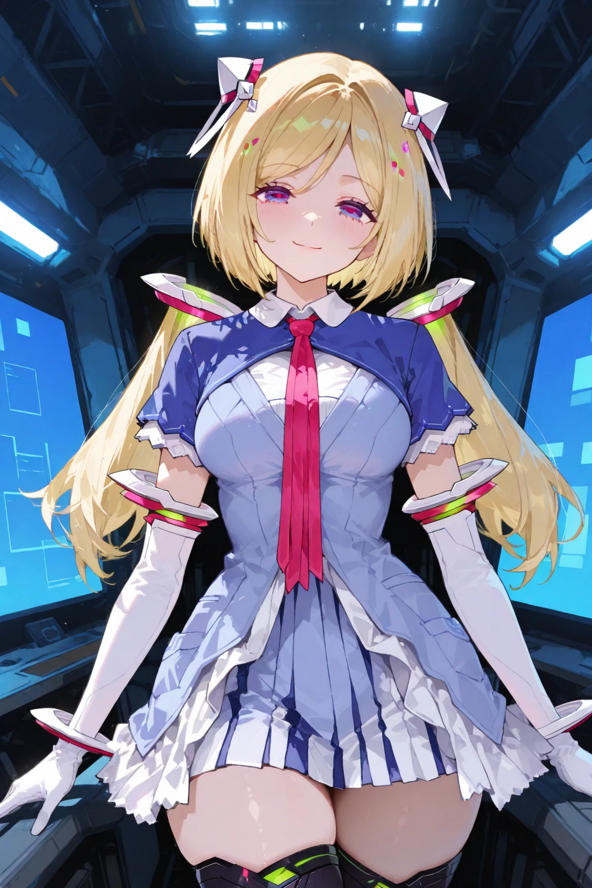 high ponytail,blonde hair ,hair ornament,adorable girl,stand,indoor,incredibly_absurdres,an extremely delicate and beautiful,1girl,game_cg,JK,medium breast,nose blush ,arms behind back sv98