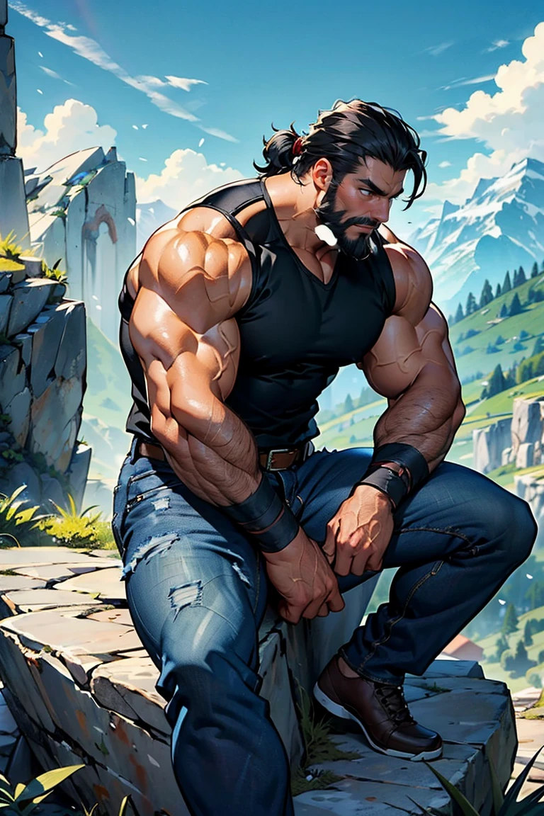 30 years old,(centaur man),centaurcpt,(black hair and full beard),(best quality, 4k, 8k, high resolution, masterpiece: 1.2), detailed facial features, spectacular lighting, from above, anatomically correct, super detail, hairy chest, rays of light in forest, ray tracing, full body portrait,