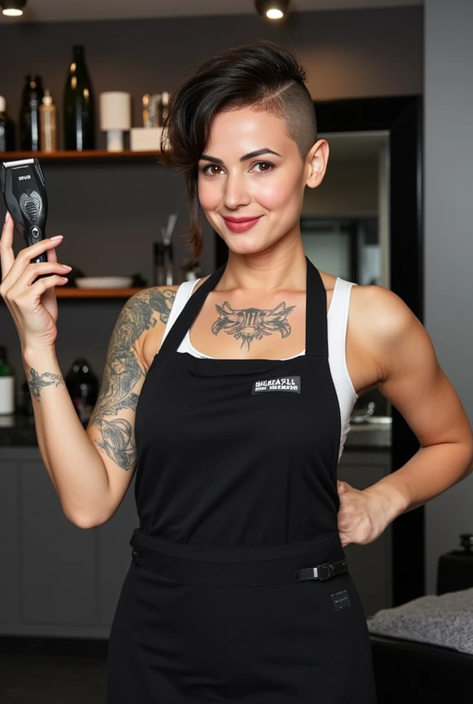 A skilled lady barber, holding a trimmer and scissors, standing confidently in her modern salon. She has stylish hair, wears a sleek apron, and sports artistic tattoos on her arms. The salon is well-lit, with neatly arranged tools and products in the background. She exudes professionalism and creativity, ready to welcome her next customer. big breasts