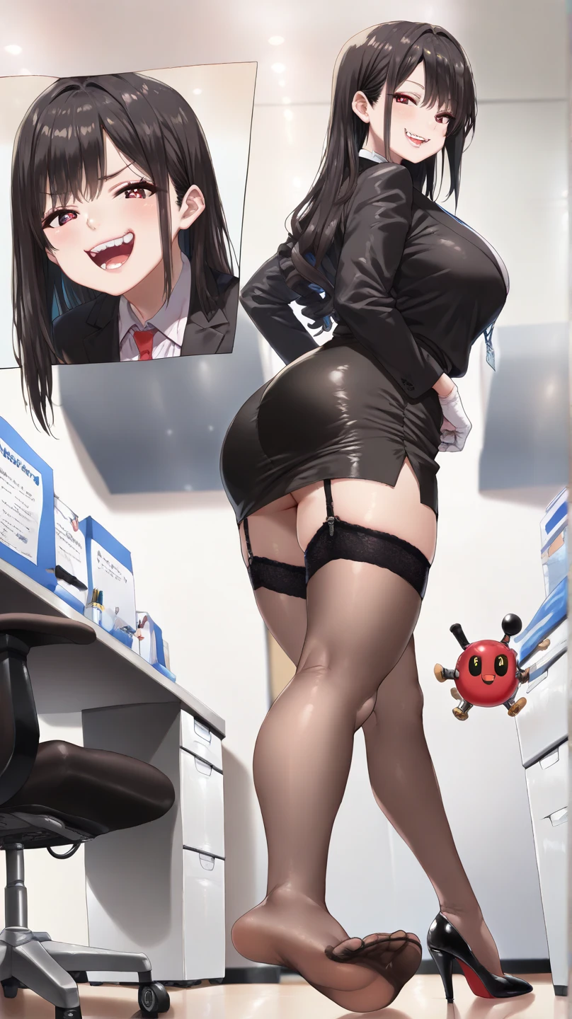 (detailed), (((bat girl))), (((murcielago))), big ass, gray skin, short black hair, ((mini skirt)), (((dripping pussy))), (((freckles in the face))), (((office worker suit)))