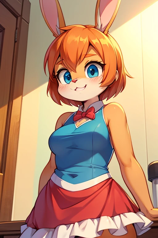 isabelle \(animal crossing\), (masterpiece, best quality:1.15), 1girl, solo, medium breasts, pink eyes, day, hot, scorching, heat, day, jubilant, festive, looking at viewer, indoors, window, open window, curtains, view, sill, natural light, cityscape, breeze, sheer curtains, plants on the sill, cozy blankets, short hair, parted bangs, hair ornament, short dress, blush, embarrassed, smug, diamond-shaped face, arched eyebrows, long lashes, plaid