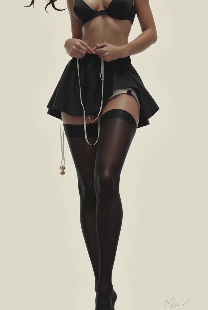 Charming Chinese Beauty、Black blouse、Black skirt、charming oval face、二重まぶた、Clear eyes、Red shiny lips、Beige stockings、Floral stockings、panthyhose、Beautiful thin legs、toned ankles、The ultra -The high-definition、The ultra-detailliert、Elegant standing figure、top-quality、8K、ultra-detailliert、9 head body、seductiv、A bracelet
