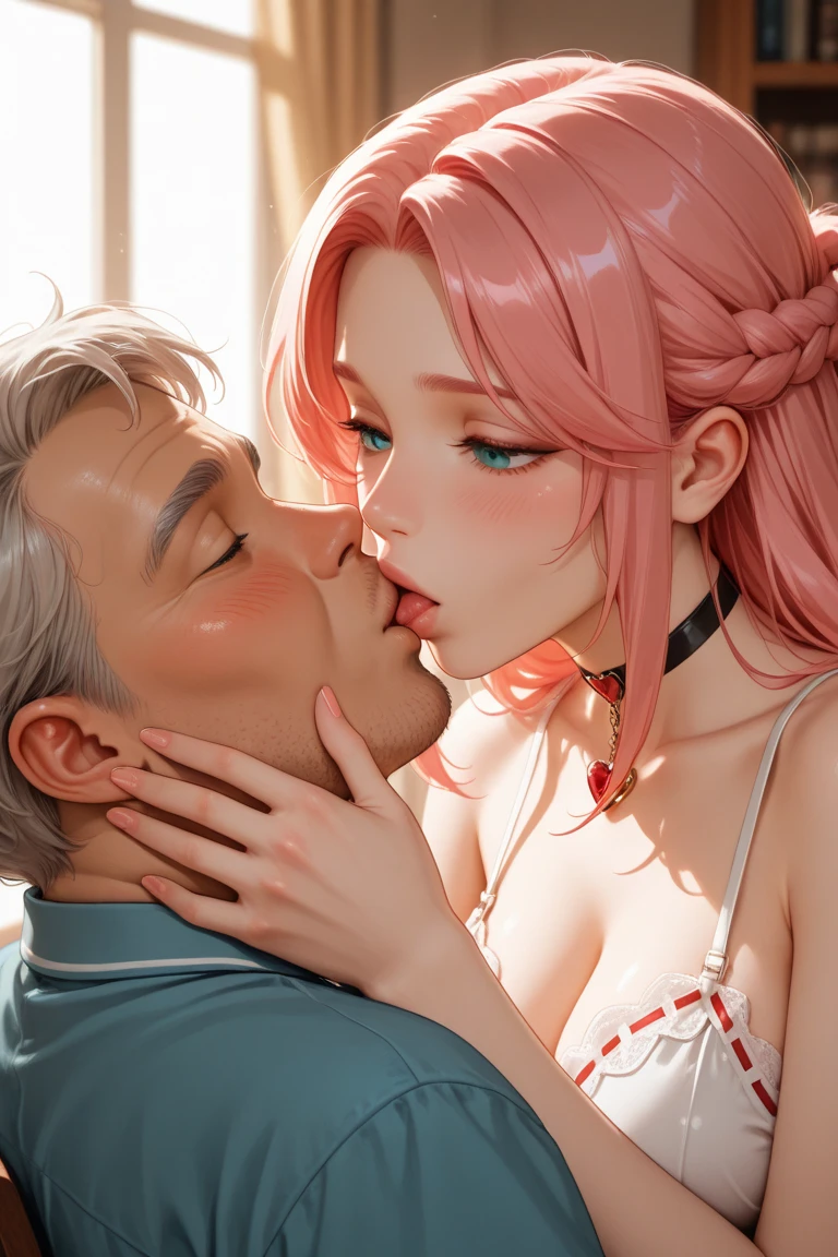 A sexy and beautiful European man and woman, both age 20, woman wore pink colour langerie and man wore business suit, woman have gigantic boob 1:6, big cleavage, both are present in restaurant,the man and the woman kiss each other, couple kiss, couple pose, standing pose, very close to each other, masterpiece, realistic, detailed,8k, camera angle front,both are looking at each other