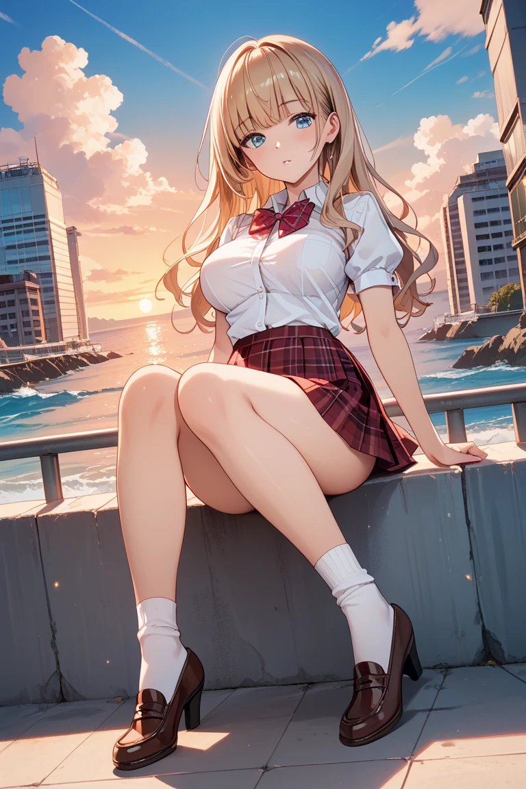 score_9, score_8_up, score_7_up, hetero, cleavage, skindentation, detailed background, scenery, window, sky, table, lamp, painting (object), cloud, red pillow, red couch, ocean, bluesky, day, carpet, 1girl, straight blonde hair, low-tied long hair, asymmetric bangs, big butt, big breast, black footwear, black thighhighs, Loafers, oiled body, sweaty body, wet, see through, blush, thick lips, red lips, sitting, full body, view from side, looking ahead, leaning foward, clollarbone, school bag, white shirt, pleated skirt, blue skirt, neckerchief, red neckerchief, closed mouth, wavy mouth, 3:, hands on own knees
