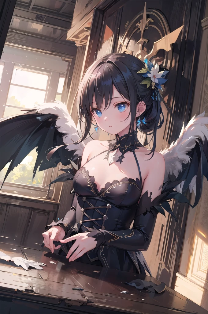 masterpiece, Angel Girl, young,12 years old,Brunette with wings, Hart neckline,Black dress with feathers, Close-up portrait, Delicate face, Lots of black feathers, silver,Black Wings, Blue sky, cloud, castle, whole body,(Cover Style:1.3)