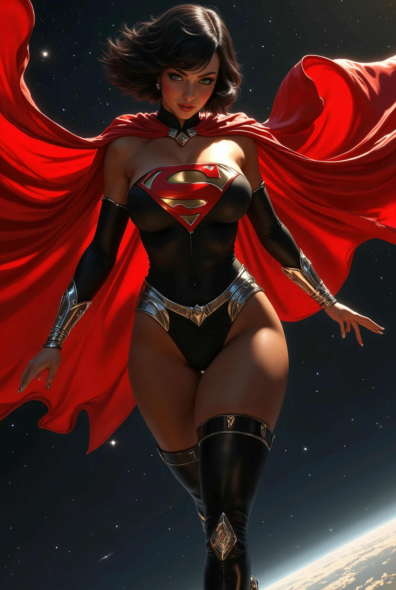 A towering Giantess in a tight superhero outfit. she's wearing black thigh boots over her white super hero uniform.  Her breasts strain the spandex fabric of her chest area.  Her toned and athletic build hints at her massive strength. She seems to be casually strolling through the bustling cityscape of GTS City, as towering buildings loom overhead. Smoke and clouds roil around her, adding to the sense of epic scale and drama. The lighting is dark, gloomy, and realistic, creating a tense and ominous atmosphere. The perspective is from below, emphasizing the sheer majesty and power of the Giantess.  (masterpiece) (UHD) (Perfect detailed eyes)