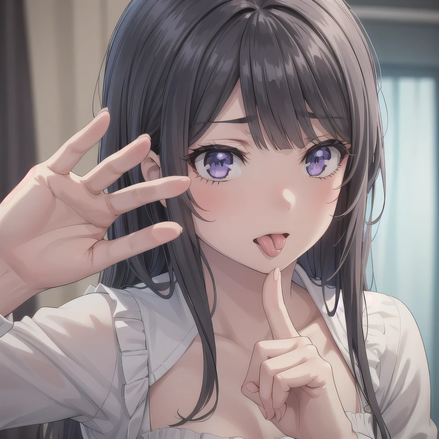 Hands are raised up、(ring:1.5), shooting from above, Upper Body, Realistic, real person, RAW photo, photorealistic, portrait photography, shiny skin, japanese idol、A 25-year-old woman with bright chestnut bangs.、long wavy hair, pink eyes, smile, Wearing a white V-neck cut-and-sew, The background is the living room、Alone、