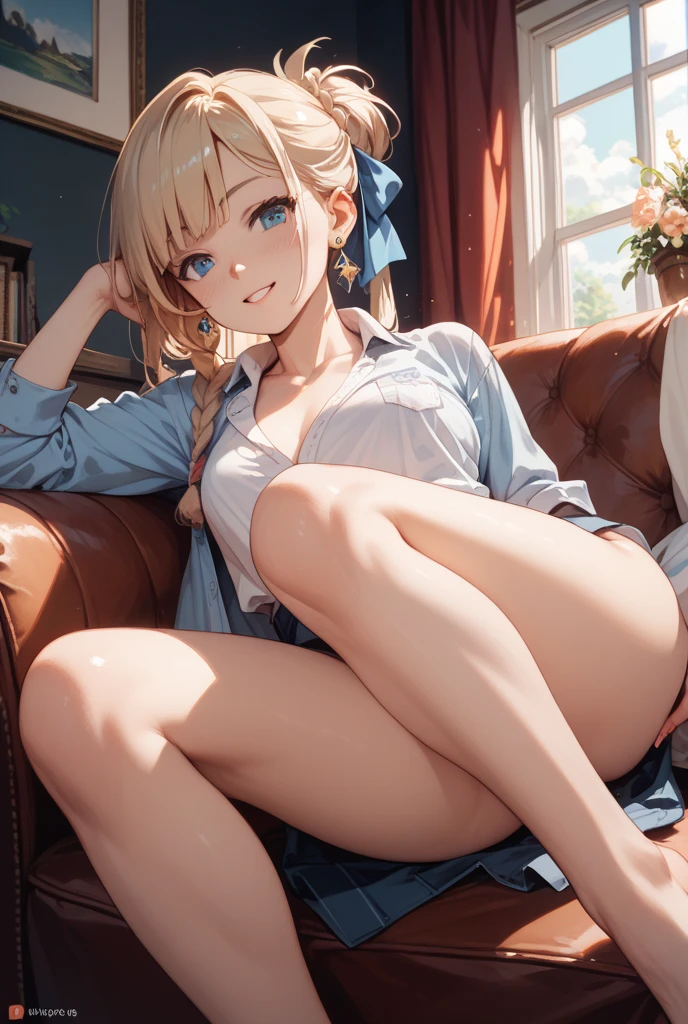 masterpiece, ultra-detailed, 1 woman, 1 man, bed, blue denim miniskirt:1.5, white shirt, arched back, imminent pussy, sex, mischievous, gyaru, curly hair, pussy, rear pov, ticker, large breasts, barefoot, huge breasts, lewd, ecstatic expression, excited, extremely beautiful face, orgasm, pussy, bitch, rear penetration, rear angle, legs spread wide, blonde, medium short hair, perfect anatomy