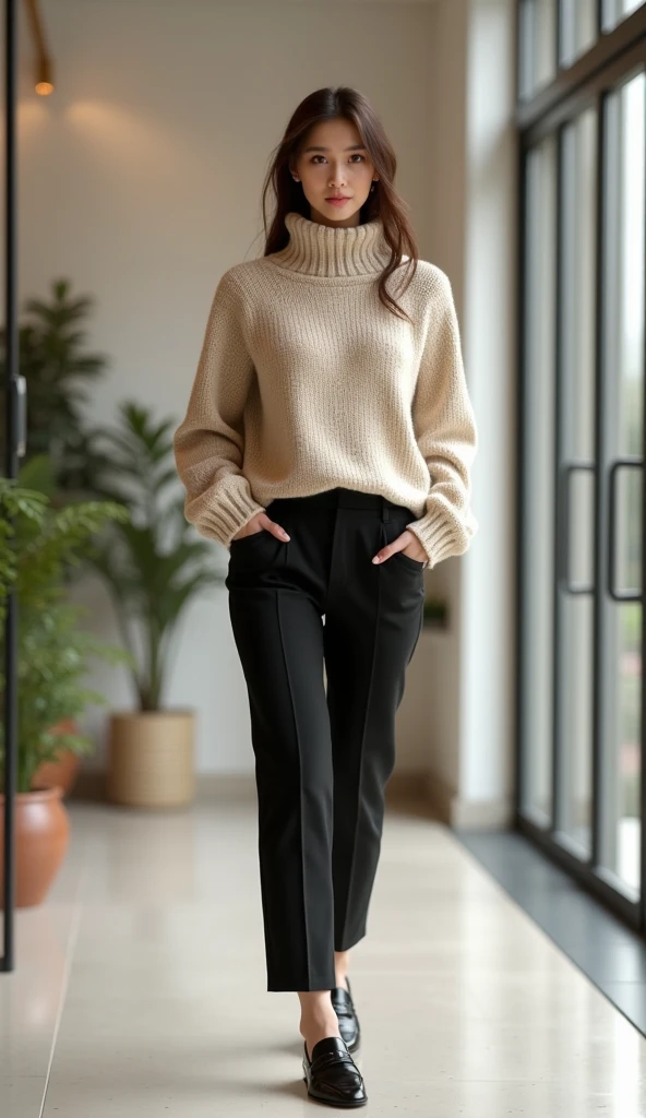 FULL BODY paparazzi shot of SCANTILY CLAD LISA, RAW portrait photo of beautiful young sks woman, Turtleneck bodysuit and high-waisted trousers, natural lighting, by Peter Lindbergh, detailed face, UHD, absurdres, epic scene composition,
cinematic look, Fujifilm XT3, dslr, high quality, film grain