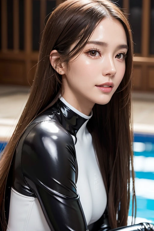 Latex bodysuit、Knee-high boots、Huge 、Long brown hair、Shiny, Oily skin、Glowing Skin、Indoor competition pool、White skin、Flying debris, Highest quality, Realistic, Very detailed, finely, High resolution, 8K デンデ wallpaper, One beautiful woman,, Light brown messy hair, Wear a business suit, Sharp focus, Perfect dynamic composition, Beautiful and detailed, Detailed Hair, Detailed Realistic skin texture, smile, Close-up portrait, Model body type