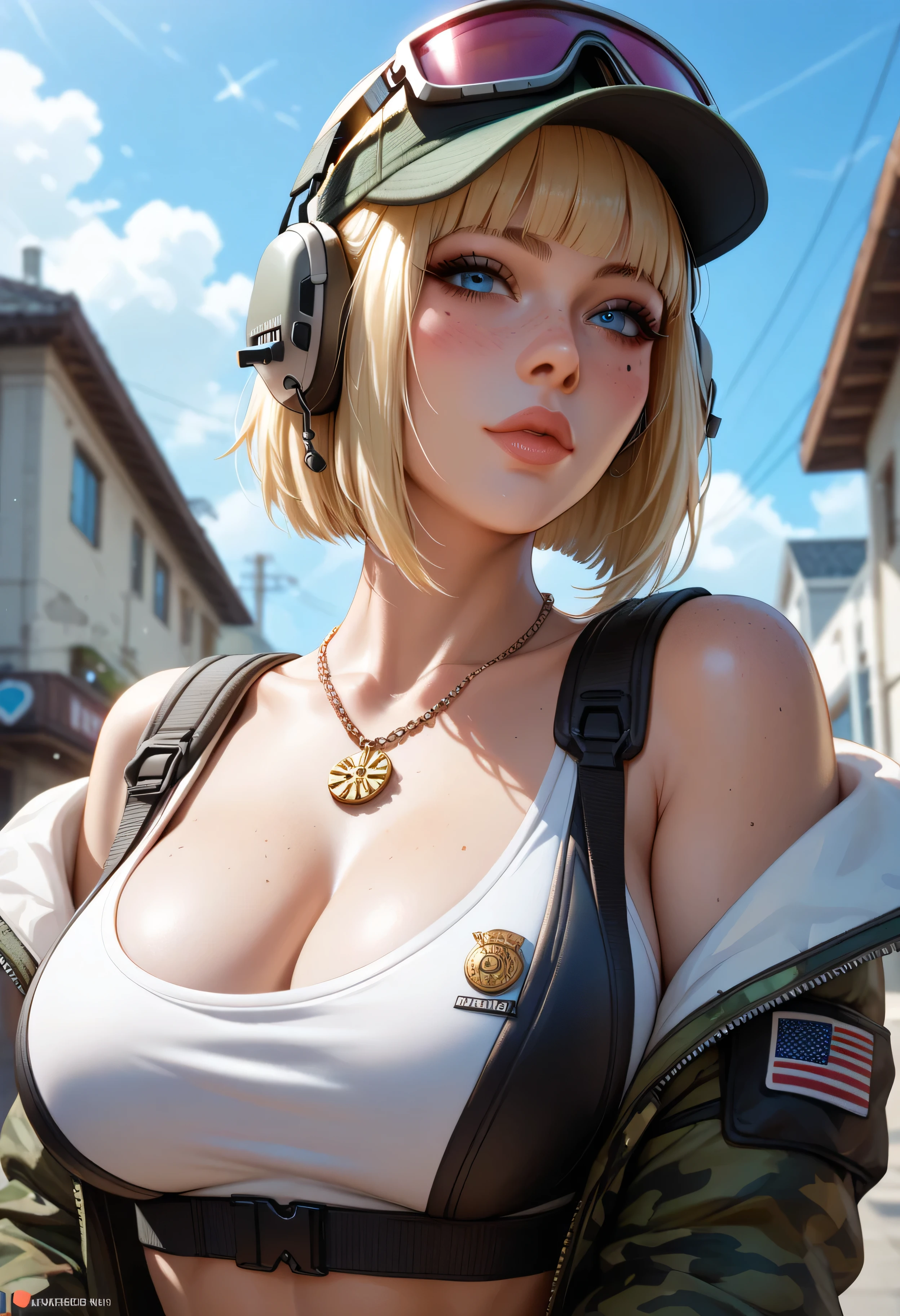 solo super pretty caucasian army lady, (((short straight blonde hair))), (((blonde))), (forehead:1.2), red eyes, (((cleavage))), abbs, evil smile, short camo cargo shorts, belt, (((camo military sports bra))), fit, little cross necklace, beautiful, masterpiece, best quality
nazi ss, badass,white backgorund,
((masterpiece, best quality, cinematic, photorealistic, ultra-detailed)), ((close-up shot, front view:1.5)), ((perfect anatomy, perfect eyes, perfect hands, large cleavage, round legs, round ass:1.2)), ((female mechanic)), ((an olive green boiler suit with a front zipper, elastic waist, and added leg pockets for tools)), ((mechanic gloves, and a tool belt)), ((blonde hair, pixie cut with a headband to keep hair out of the face)), (( pose)), ((dynamic background))