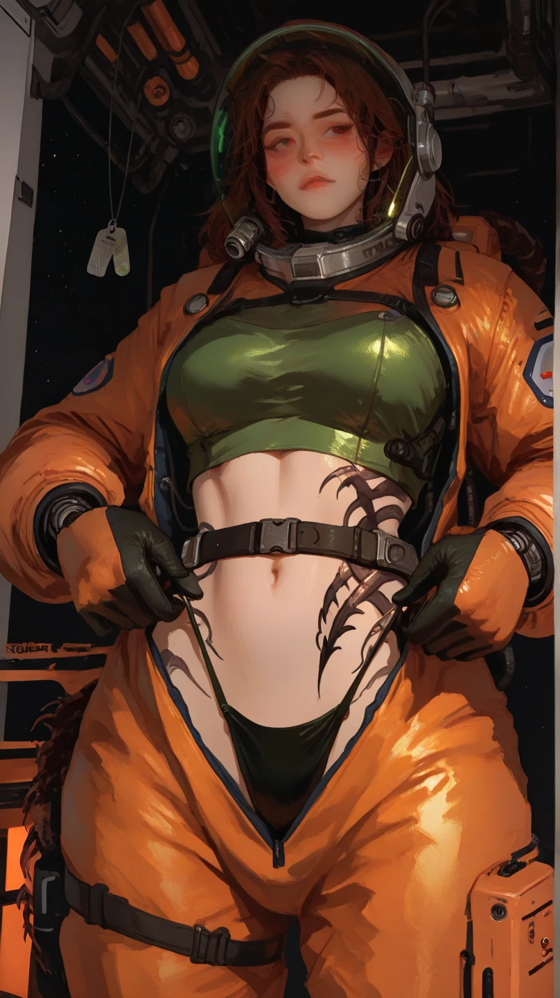 Gwen Tennyson,Tracer,Bulma,Rebecca Chambers,Overwatch,1 Girl,Sunlight,close up,Cyberpunk City,space ship,planet, The Mandalorian,military uniform,Bounty Hunter Gear,Green Long Sleeve Lycra Top,Military leggings,Long hair,silver earrings,Exposing belly,Holding a blaster, Gothic Makeup,Green Eyes,Orange Hair,purple hair highlights,Shy laugh, freckle,Red hair,beautiful girl,Large Breasts,Ultra Detailed,Practical,Fantasy Art, (My pregnant belly is so big:1.3)，Exposing belly部，belly button，belly button眼，Exposing belly