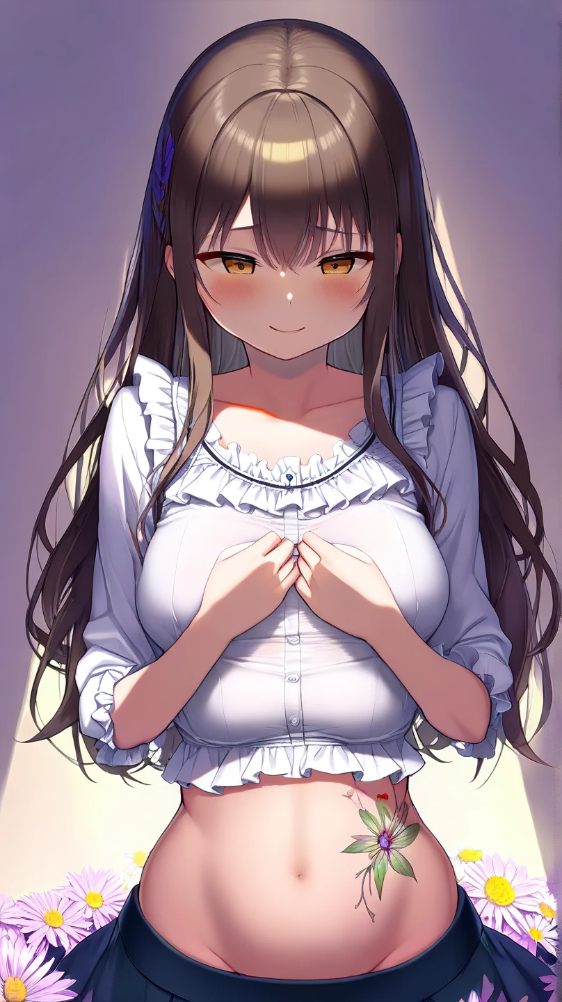 A masterpiece, very detailed, ultra detailed, one, (1 woman), a woman in black and white clothes of nuns, brown eyes, spiral eyes, with blush on her face, with a large toothy crazy and obsessed smile, long golden straight hair and parting on the sides, with huge breasts, an aura of love and bright hearts around her, against the background of the church