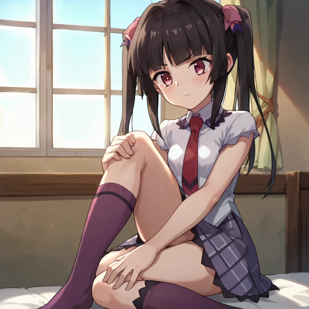 mikoiino, miko iino, blunt bangs, (brown eyes:1.5), brown hair, hair tie, long hair, low twintails, red ribbon, ribbon, twintails, (small breast:1.2),
BREAK black dress, dress, pinafore dress, school uniform, shirt, short sleeves, shuuchiin academy school uniform, white shirt, armband,
BREAK looking at viewer,
BREAK indoors, classroom,
BREAK (masterpiece:1.2), best quality, high resolution, unity 8k wallpaper, (illustration:0.8), (beautiful detailed eyes:1.6), extremely detailed face, perfect lighting, extremely detailed CG, (perfect hands, perfect anatomy),(white panties:1.5), perineum, groin, small breasts, (sitting on floor), skirt lift, leg up, spread legs, (short, tiny, little:1.5), smile, open mouth, from below, dutch angle