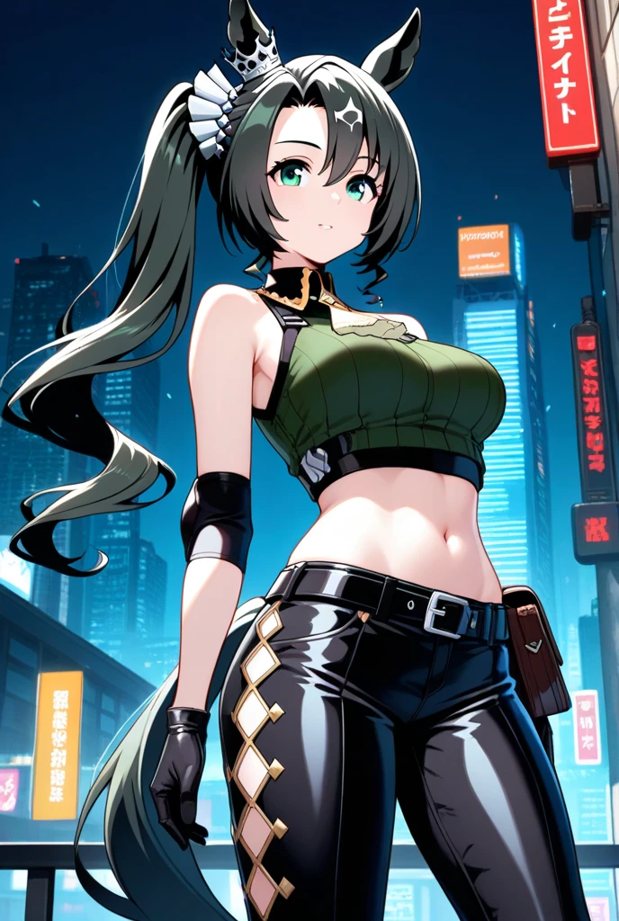 Absurdres, Masterpiece, anime, high quality, HD, best quality, perferct anatomy, simole background, cowboy shot, alone, front view
{{35 years old wrestle woman: (black medium-lenth straight hair tied on short twintails, 3 black hair forehead fringes, blue eyes with black pupils, fair skin, sharp nose, thick black eyebrows), tall body, medium breasts, voluptuous body, beautiful feminity, beautiful legs,(blue twintails ribbons), green thick bra, green neckbelt, white shoulder plates, green short skirt, green metal gauntlets, green steel elbow plates, green long boots, blue leggins),(calmed expression, funny open smile, wise and motherly demeanor, ready to fight on a wrestling deffensive combat pose),(dark orange sky, night day with dark orange sky, blue moon in the sky, illumination during night sky, black stone ruins, rocks and crystal spikes all around)}}