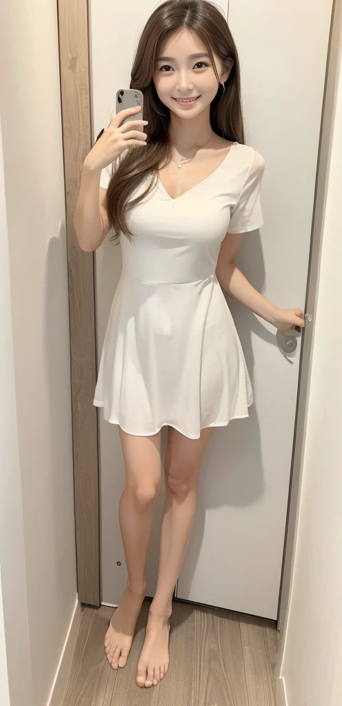 Long dark brown hair, smiling slightly, beautiful visuals, short almond coral and white nails, cute, kpop member, beautiful, red kpop idol dress with white heeled boots, red head accessories, fluffy dress, badass dress, kpop idol makeup