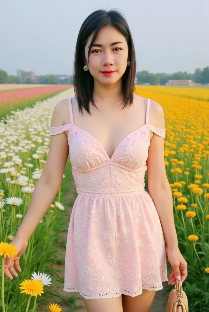 Masterpiece, Hwa Eun Sun a girl, 8K resolution,baby face young cute beautiful curvy filipina girl, 85mm,Official AR RAW photo, baby face、show me your ears、photo shoot, baby face, cute face, thicc thighs, looking at the viewer, embarrassing、smile、no makeup, film grain, chromatic aberration, sharp focus, face light, clear lighting, Ten generations, detailed face, background bokeh, clothes with short sleeves, seductive dress 8K、Elementary school beautiful girl、A dark-haired、detailed beautiful faces、very short pants, flower  field、Very strong wind、decolletage、Sit on the buttocks