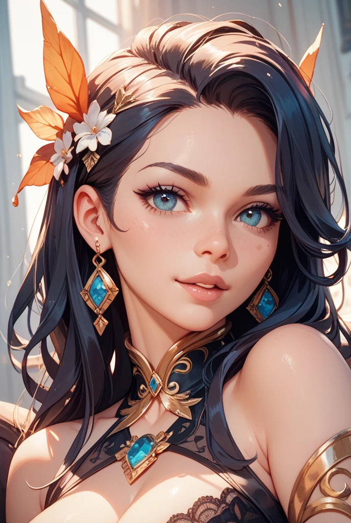 Photorealism, half body portrait of a young woman, 20 years old. beautiful realistic eyes; fantastic face, Caucasian, A beautiful appearance, jaqueta de couro, Michael Garmash, Daniel F Gerhartz, Storybook style, warm dreamy lighting, White background, Volumetric lighting, pulp adventure style, fluid acrylic, dynamic gradients, vibrant colours, illustration, highly detailed vector curves, Simple, smooth and clean, vector art, Smooth, Johan Grenier, Character design, 3d shading, cinematic feel, ornate patterns, elegant organic framing, Hyperrealism, posterized, collection of masterpieces, lush vivid colors, Twilight, wet gouache