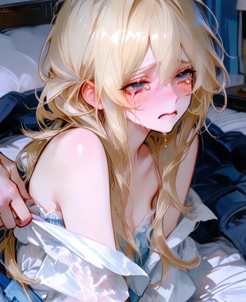 top-quality, Top resolution, One , (Small body), on the beds, {Sitting},Long Blonde Hair, (sundress),(see through), (Cloth), (From above),wide shot,One-person viewpoint,((Face Focus)),((((Tears)))),blush, Scared,flat chest, be sweaty,white panties,Cameltoe