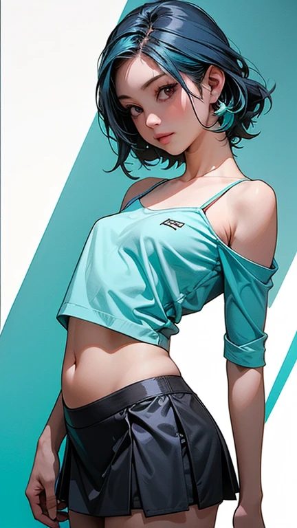 Detailed illustration in anime style. A young woman with a confident, slightly smirking expression. She is looking straight ahead with a focused gaze. She has bright green hair tied up in two buns with side strands. She wears a unique blue outfit with neon green and yellow accents. The top is a sleeveless crop top with a geometric pattern that exposes her stomach. The pants are form-fitting, with a matching pattern and knee-length green and yellow patches. Blue boots with green soles. She is posed with her right hand resting on her left hip and the other hand raised, fingers lightly touching her cheek. Her body posture is relaxed but confident, with one leg slightly bent and the other leg stretched out. The overall look is bold and stylish, featuring fine details in the clothing and a vibrant color scheme.