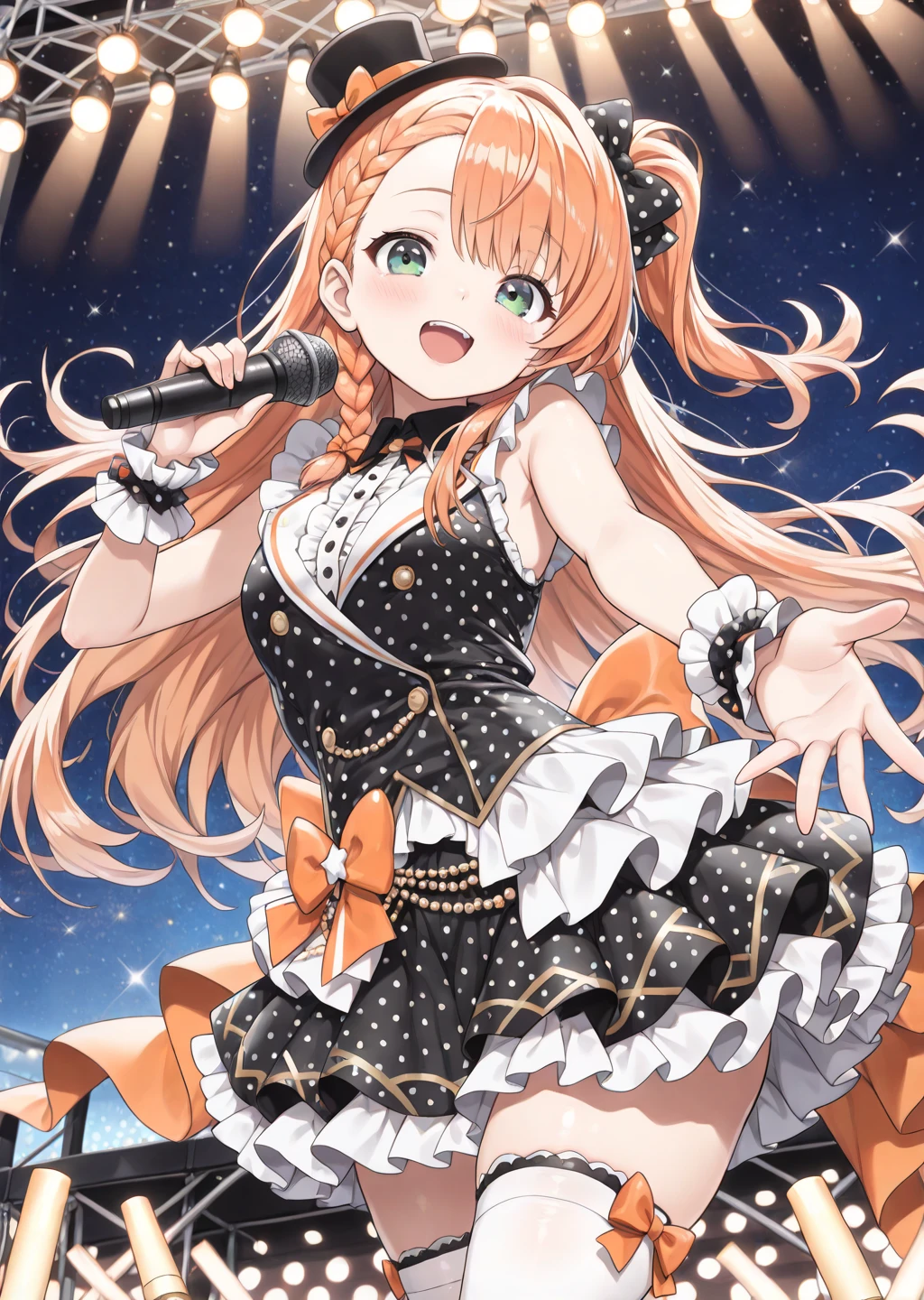 (((lovelive! school idol project,))) (((lovelive!,))) (Kanata Konoe,) purple eyes, orange brown hair, long Hair, wavy hair, splash curl hair, ((maid dress,)) 1 girl, long bangs between eyes, ((huge breasts,)) ((View from below, ass focus,)) Under the breasts, ((black thighhighs,)) closed mouth, gleaming skin, glistening skin, oil skin,