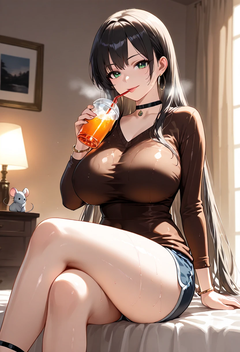 Girl with long hair, black in color, blue colored eyes. with big breasts, slim with hips and ass, no belly. with pajamas , top and shorts, Covering his body with an open pajama shirt, preparing a whiskey with ice, in a room behind a mini bar