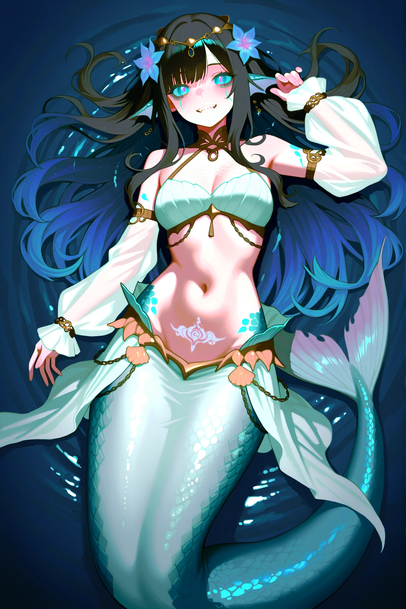 Anime Art、Full body portrait、A wizard who controls water in the fantasy world、Moonlit night sea surface、A tall mermaid woman, about 170cm tall and around 32 years old, wearing a dark blue bustier, surrounded by a water tornado.、Gold Hair Ornament、The hairstyle is long and wavy、Dark blue hair、Wicked Smile、Creepy Smile、unpleasant laughter、Cold Smile、Laughing with mouth open、Sharp Eyes、With eyes half-open、Red Eyes、Gold Bracelet